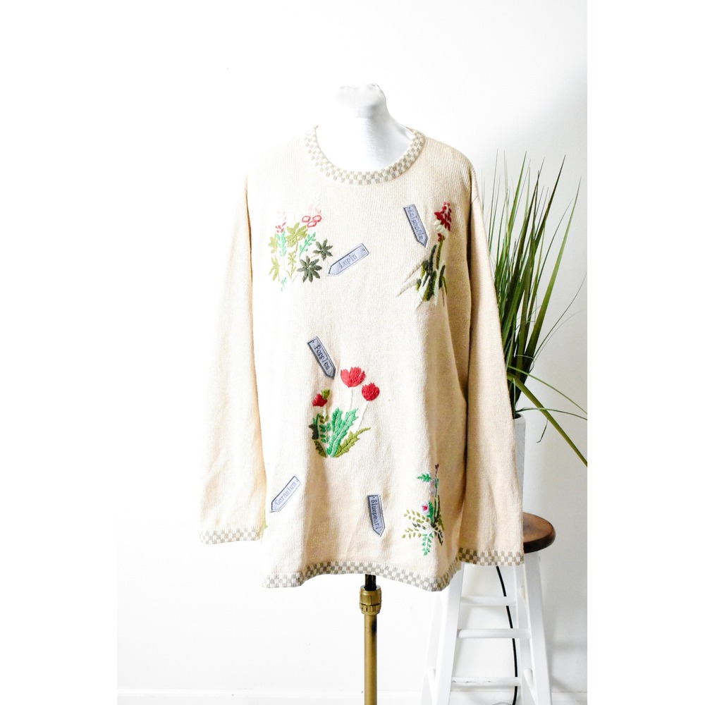 Stitches In Time Sweater Women 2X Cream Vintage Floral Embroidered Ramie Cotton